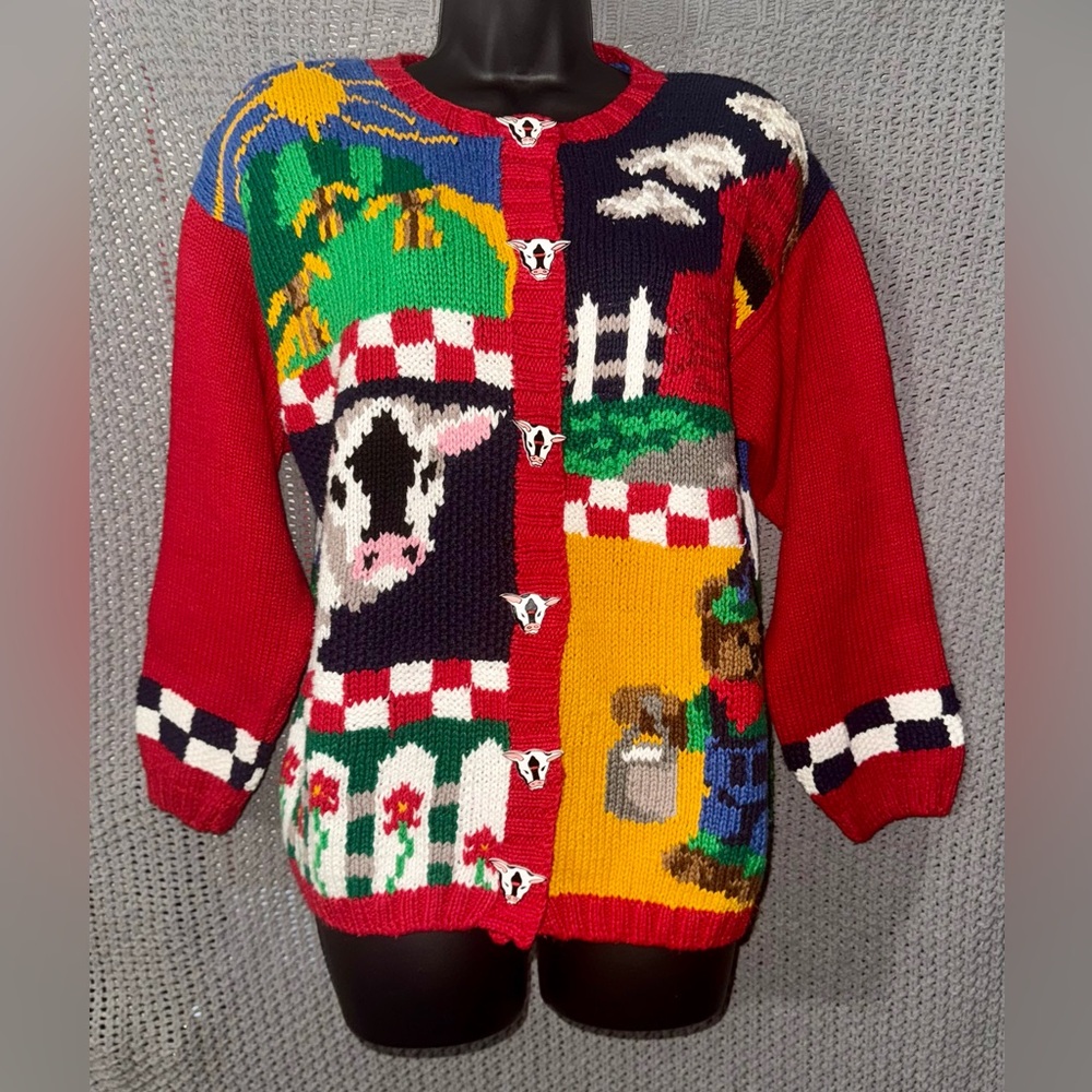 vtg Eagles Eye country farm cow teddy bear hand knit cardigan sweater Small